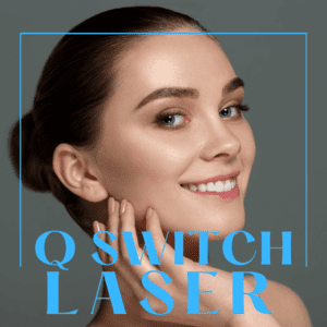 Q switch laser page showcasing a female model after the procedure