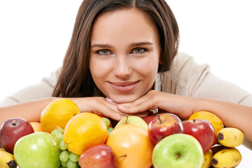Colorful fruit diet for skin care and girl with health skin