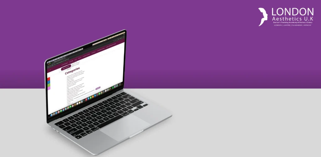 Sitemaps page showcasing london aesthetics sitemap page with purple and white background and website logo towards top right corner